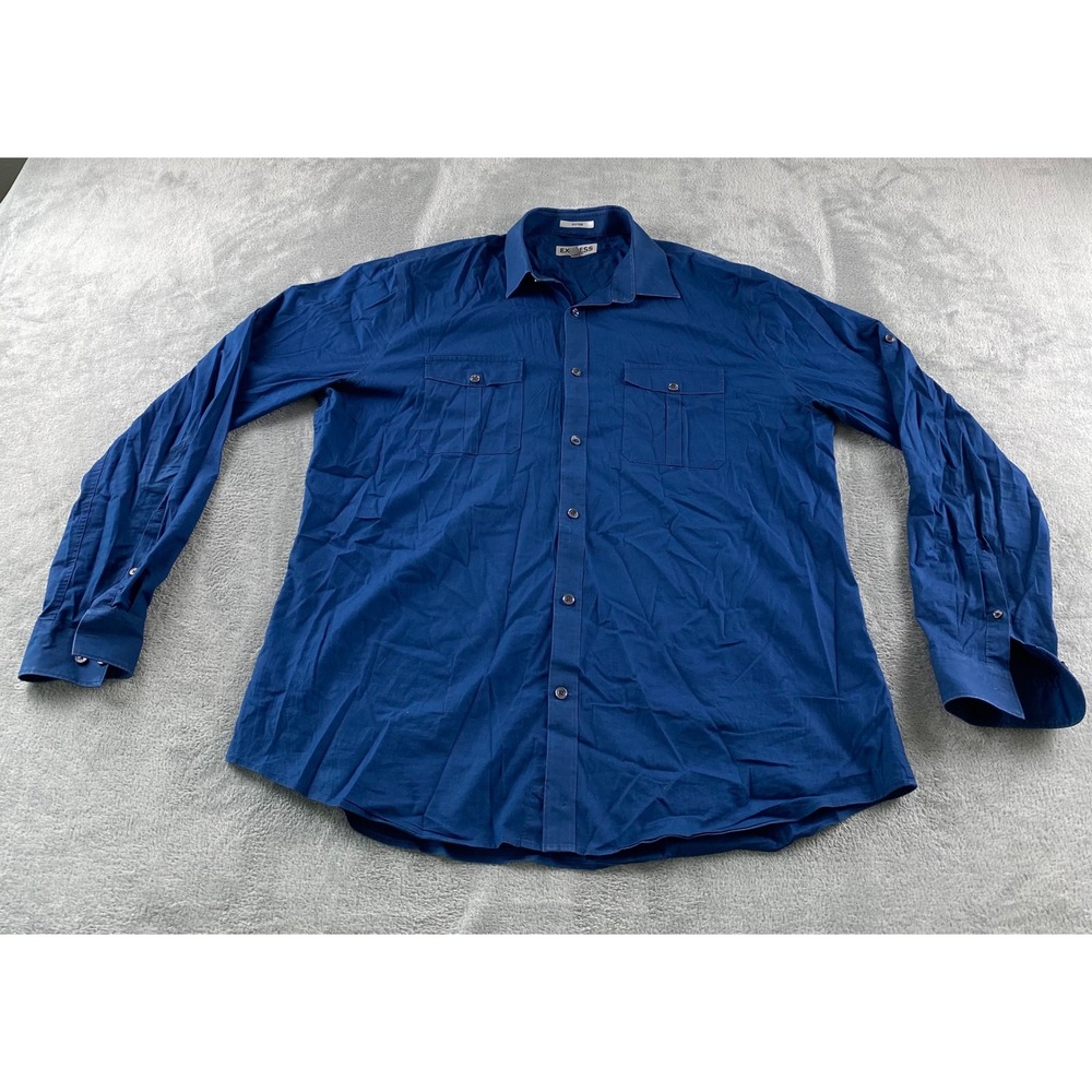 Express MK2 Mens XL Blue Fitted Button Down Long Sleeve Roll Tab Pocket Shirt